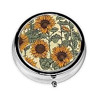 Romantic Sunflowers Print Round Pill Organizer 3 Compartment Pill Box Portable Medicine Pill Case for Outdoor Travel