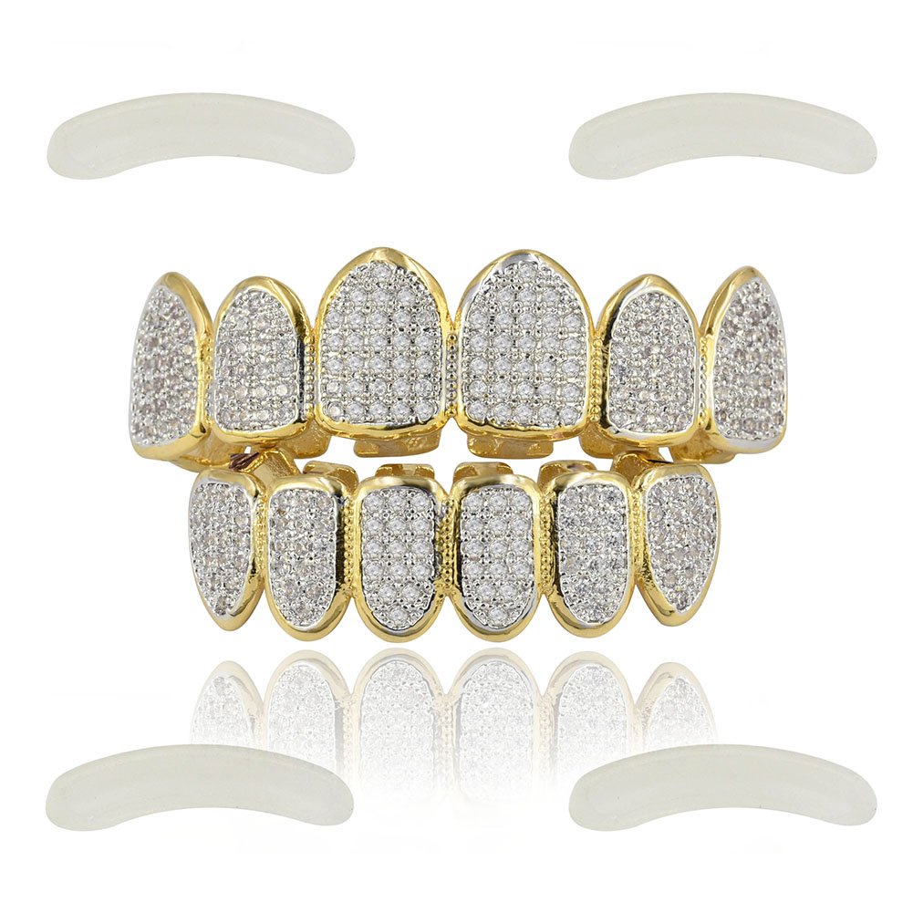 JINAO 18k Gold Plated All Iced Out Luxury Cubic Zirconia Face diamond Gold Teeth Grillz set with Extra Molding Bars Included for Men Women
