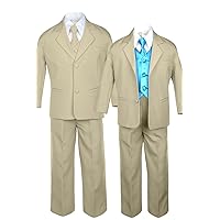 Unotux 7pc Boys Khaki Suits with Satin Turquoise Blue Vest Set from Baby to Teen