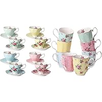 BTaT- Floral Tea Cups and Saucers, Set of 8, 8 oz and Royal Coffee Mugs, 12 oz, Set of 8