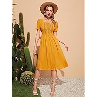 Easter Dress for Women Floral Embroidery Puff Sleeve Dress (Color : Mustard Yellow, Size : S)