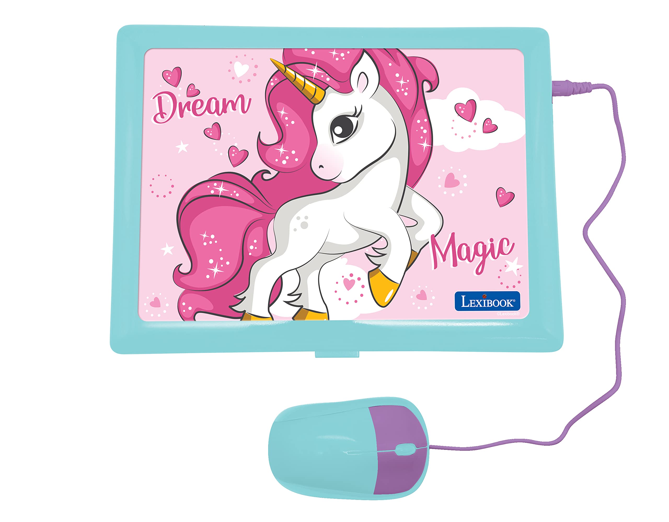 LEXiBOOK - Unicorn Educational and Bilingual Laptop Spanish/English - Toy for Children with 124 Activities to Learn Mathematics, Dactylography, Logic, Clock Reading, Play Games and Music - JC598UNIi2