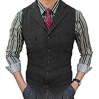 Mens Formal Casual Herringbone Tweed Suit Vest Groomsman Lapel Vintage Jacket Dress Waistcoat for Work Party XS-5XL (Color : Black, Size : 5X-Large)