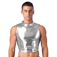 TiaoBug Men's Faux Leather Sleeveless Crop Tank Top Metallic Shiny Vest Party Party Top Streetwear T Shirt