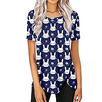 Easter Print Tops Ladies Shirt Short Sleeve Blouse Dressy Tunic Button Down Trendy Fashion Round Neck Summer Blouse