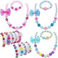 15 PCS Kids Jewelry for Little Girls Toddler Necklace Bracelets with Cute Bow Pendant Children Stretchy Play Jewelry Princess Dress Up Jewelry Gift for Daughter Granddaughter