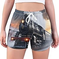 Colorful Old Steam Train Athletic Shorts for Women High Waisted Running Shorts Quick Dry Women's Workout Shorts