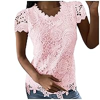 V-Neck Tops for Women, Women's Fashion Casual Sexy Slim Solid Lace V-Neck Blouse Short Sleeve Top Women Asymmetrical