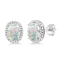 Gem Stone King 925 Sterling Silver Oval Cabochon White Simulated Opal Halo Earrings For Women (1.68 Cttw, Oval 9X7MM)