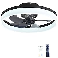 2024 20'' Modern Ceiling Fan with Lights Remote Control, 6 Speeds 3 Colors Geometric Bladeless Ceiling Fan with Lights, Black Low Profile Flush Mount Ceiling Fan for Kitchen Bedroom Living