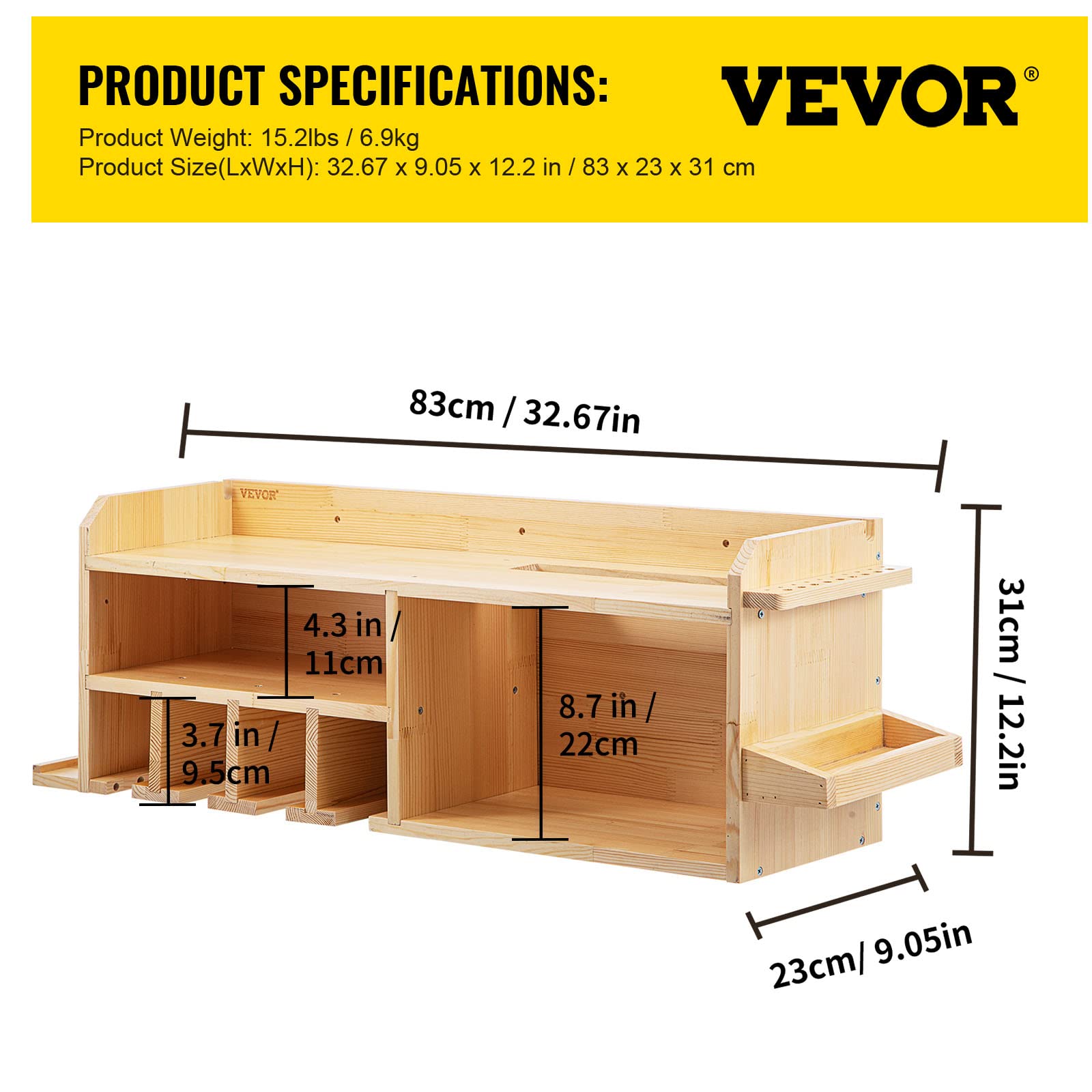 VEVOR Power Tool Organizer, Wall Mount Drill Holder, 4 Drill Hanging Slots Drill Charging Station, 3-Shelf Cordless Drill Storage, Polished Wooden Toolbox for Saw, Impact Wrench, Screwdriver Drill