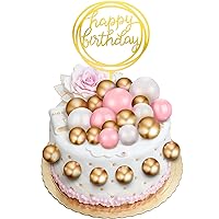 25 Pcs Mini Colorful Balls Cake Topper Round Circle Acrylic Happy Birthday Cake Picks DIY Small Foam Ball Cupcake Insert Topper Set Wedding Birthday Party Cake Decor (Pink and White, Gold)