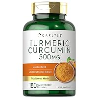 Turmeric Curcumin with Bioperine | 500 mg | 180 Powder Capsules | Support Complex with Black Pepper | Non-GMO, Gluten Free Supplement