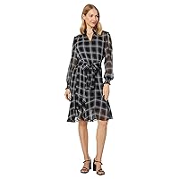 Tommy Hilfiger Women's Fit and Flare Chiffon Long Sleeve V-Neck Dress, Black/White, 16