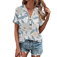 Floral Blouses for Women, Women's Shirt Blouse Button Short Sleeve Casual Basic Top Pullover Fashion, S, XXL