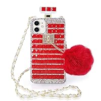 Losin Perfume Case Compatible with iPhone 11 6.1 inch Luxury Bling Diamond Rhinestone Bow Perfume Bottle Furry Plush Ball Bling Glitter Gemstone Soft TPU Back Case with Lanyard