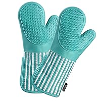 Silicone Oven Mitts Heat Resistant 932℉ with Waterproof & Non-Slip Kitchen Mittens, Set of 2 Extra Long Oven Gloves with Soft Cotton Terry Lining for Baking Cooking Barbecue