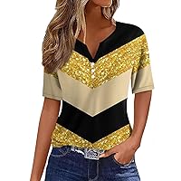 Womens Summer Shirt Print Button Short Sleeve Daily Tee Fashion Basic V Neck Regular Top