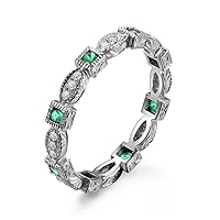 Green Emerald Wedding Ring Full Eternity Milgrain Diamond Wedding Band Art Deco 14K White Gold Rose Gold
