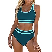 Womens High Waist Bikini Sets Sporty Color Block Two Piece Swimsuits Scoop Neck Cheeky Bathing Suits