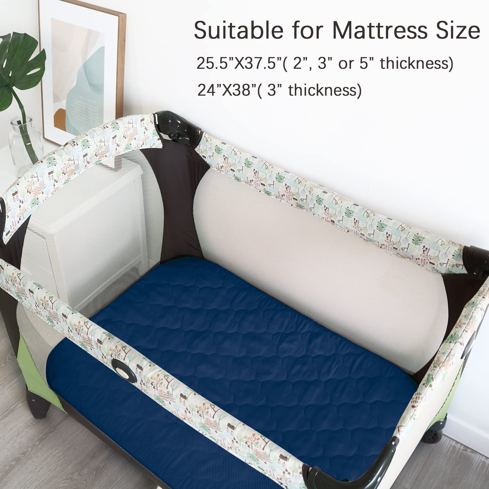 Pack and Play Sheets Fitted Quilted Waterproof Protector, 2 Pack Premium Compatible with Pack n Play Mattress Pad Cover fits for Baby Playpen Playard Mattress, Portable Mini Crib, Gray & Navy Blue