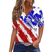 American Flag Tops for Women V Neck Button Down Blouses 4Th of July USA Stars Stripes Patriotic T Shirt Tunic Tops