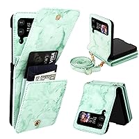 for Samsung Galaxy Z Flip 4 Case with Card Holder Strap Lanyard,Samsung Z Flip 4 Case Wallet Galaxy Z Flip 4 Wallet Phone Case Crossbody Cover Purse for Women, Marble Mint Green