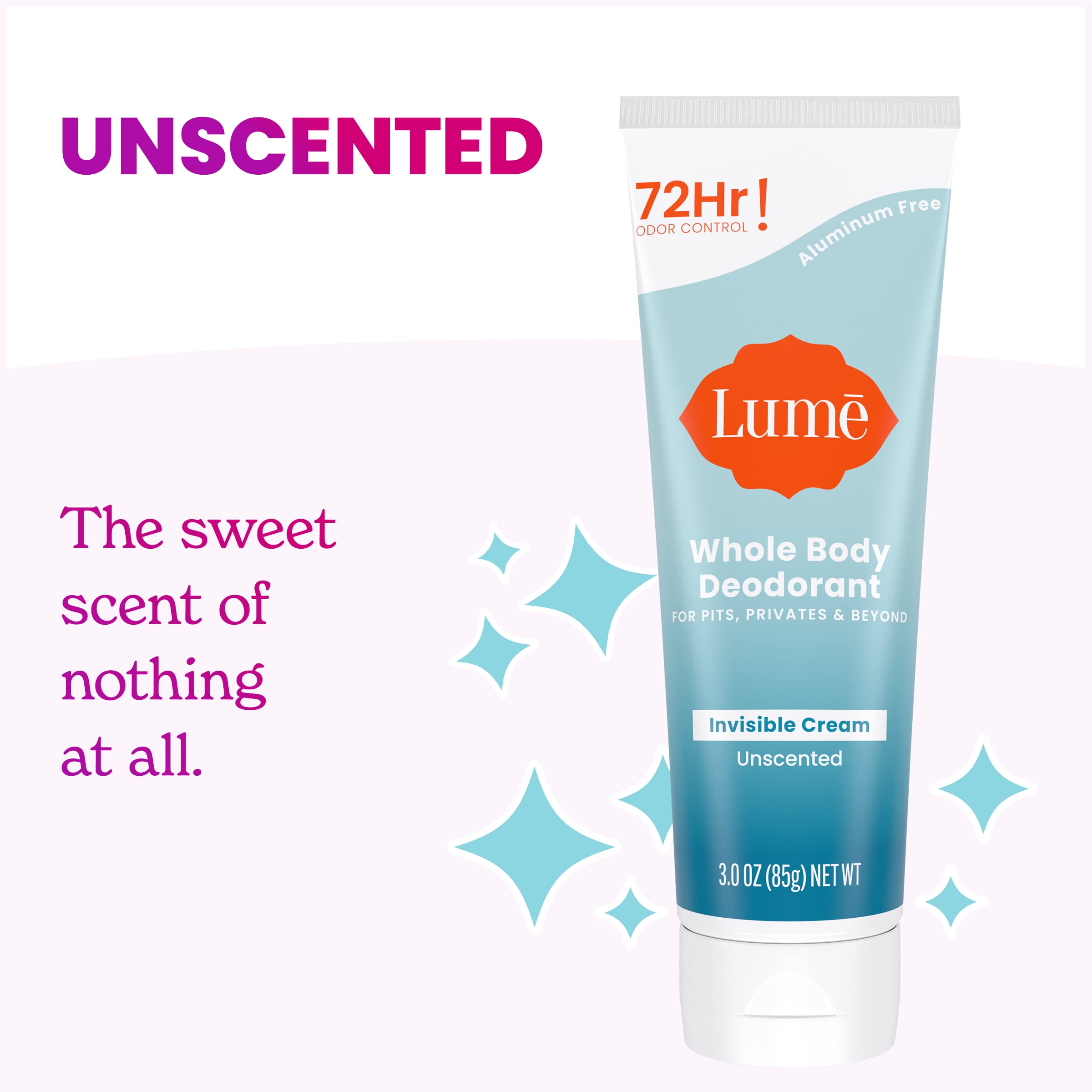 Lume Whole Body Deodorant - Invisible Cream Tube - 72 Hour Odor Control - Aluminum Free, Baking Soda Free, Skin Safe - 3.0 ounce (Unscented)