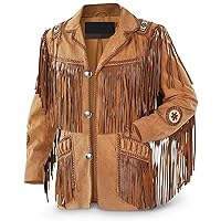 Women’s Traditional Western Native American Cow-lady Beads Fringes Brown Suede Leather Jacket