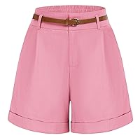 Belle Poque Women Bermuda Shorts Elastic Waist Wide Leg Shorts with Pockets & Belts