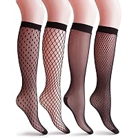 VERO MONTE 4 Pairs Women's Fishnet Knee High Socks - Stylish Black + Hollow Out