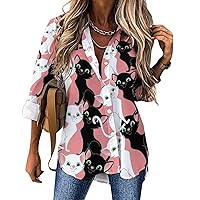 Black and White Cats Women's Button Down Shirts Long Sleeve Loose Blouses Tops Casual V Neck Tunic