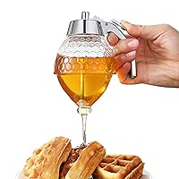 Honey Dispenser No Drip Glass with Stand,Maple Syrup Dispenser Glass,8 Oz Beautiful Honey Comb Shaped Honey Pot,Honey Jar Apply To Olive Oil,Syrup,Sauce and Other Diluted Liquids