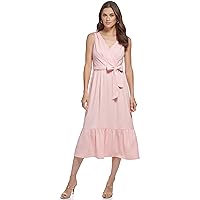 DKNY Women's Ruffle Hem Self Tie Belt V Neck Dress