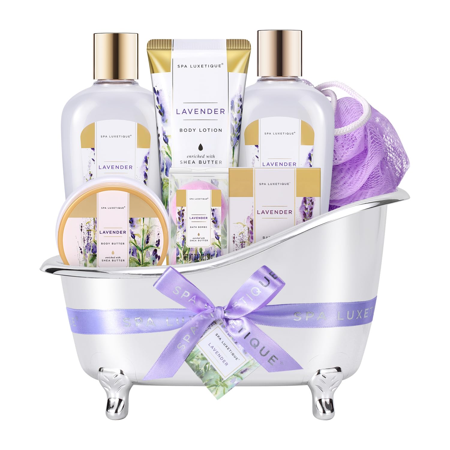 Bath Baskets for Women Gift, Home Spa Kit for Women, Spa Luxetique Lavender Bath Set with Body Lotion, Bath Salt, Bath Bombs, Relaxation Bath Gifts for Women Mothers Day Gifts