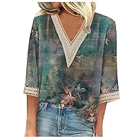 Women's 2024 Summer Spring Casual Blouse Casual Loose 3/4 Sleeve Tops Lace Trims V Neck Print Tee T-Shirts