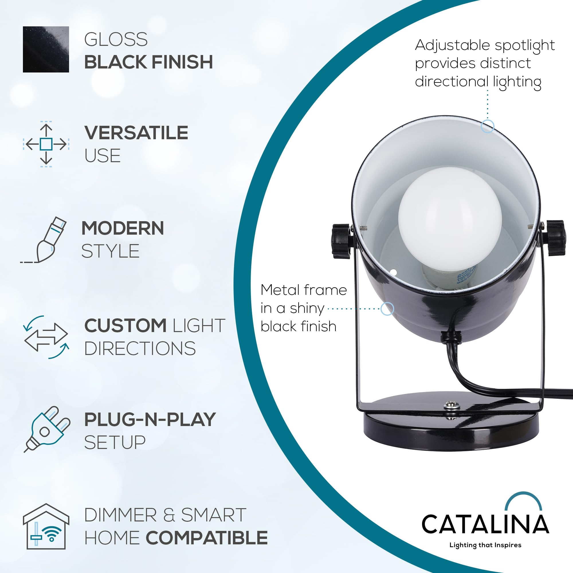 Catalina Lighting 24291-000 Multipurpose Spotlight Accent Lamp, Desk or Wall Mount Lamp for Office, Living Room, Dorm or Bedroom, Smart Home Compatible, Bulb Not Included, 7.5