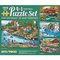 Bits and Pieces – 4-in-1 Multi-Pack - 1000 Piece Jigsaw Puzzles for Adults – 1000 pc River Escapades Puzzle Set Bundle by Artist Mary Thompson - 20
