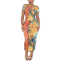 LETSVDO Women's Off Shoulder Bodycon Maxi Dress Sleeveless Colorful Floral Print Sexy Party Dresses Summer