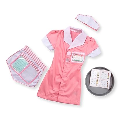 Melissa & Doug Waitress Role Play Costume Set (7 pcs) - Includes Apron, Order Pad, Cap Pink 3-6 years