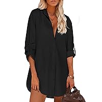 HOTOUCH Women Boyfriend Shirts Button Down Long Sleeve Blouse Cuffed Sleeve Collared Shirt