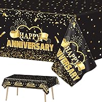 3 Pack Happy Anniversary Tablecloth Disposable Anniversary Party Decorations Black Gold Dot Confetti Anniversary Table Covers Party Supplies for Rectangle Tables Party Favors for Guests 54 x 108 Inch