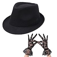 Unisex Black Fedora Hat Black Lace Gloves