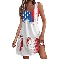 American Flag Dresses for Women Summer Beach Casual Sundress Printed V Neck Loose Tank Dresses with Pockets