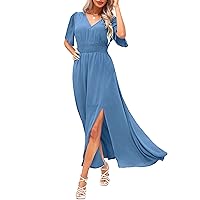 Kranda Women 2023 Summer Deep V Neck High Waist Short Sleeve Casual Long Boho Floral Swing Flowy Slit Beach Maxi Dress