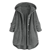Hooded Cardigan Fleece Faux Fur Coats for Women Long Sleeve Teddy Bear Jacket Button Fluffy Pullover Outerwear Coat(Gray,4X-Large)