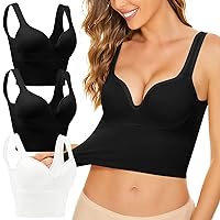 Sports Bras for Women Plunge Neck Longline Underwear - Push Up Workout Crop Tank Tops High Waisted with Built in Bra