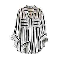 YZHM Women's Plus Size Striped Shirts Long Sleeve Button Up Blouses Collared Oversized Spring/Fall Dressy Casual Tops, Button Down Shirts for Women, Work Shirts for Women Black
