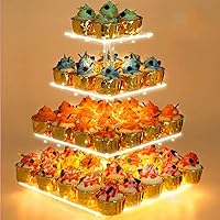 YestBuy 4 Tier Cupcake Stand Acrylic Tower Display with LED Light Premium Holder Dessert Tree Tower for Birthday Cady Bar Décor Weddings, Parties Events (Yellow Light)