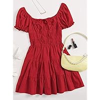 Women's Dress Tie Neck Ruched Bust Puff Sleeve Tiered Dress (Color : Red, Size : X-Large)